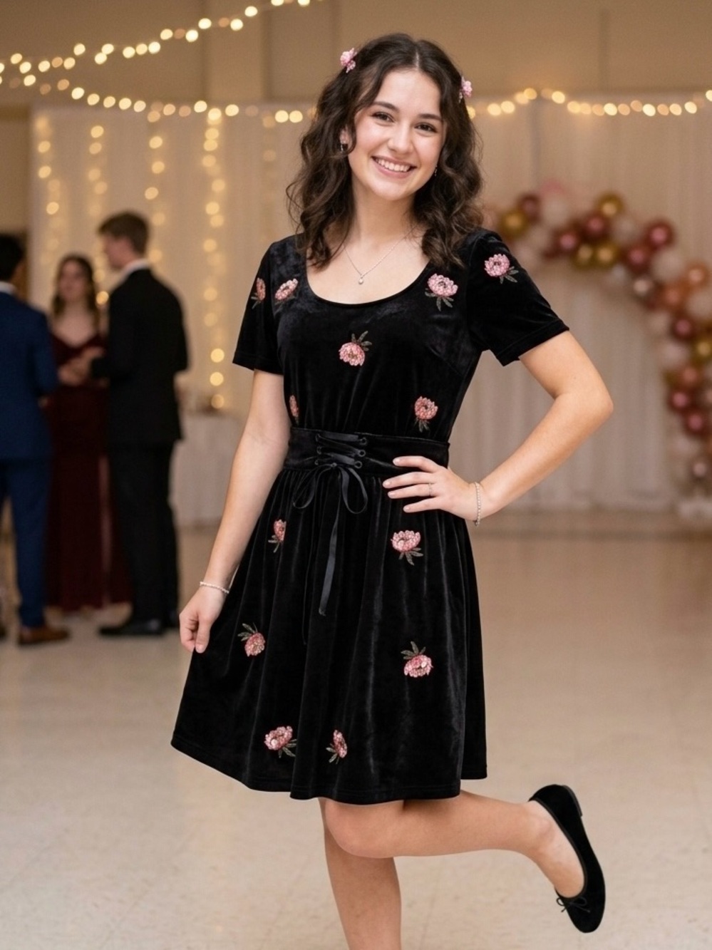 Black Velvet Embroidered Lotus Flower Lace Up Corset Dress L NWT HoCo Whimsigoth